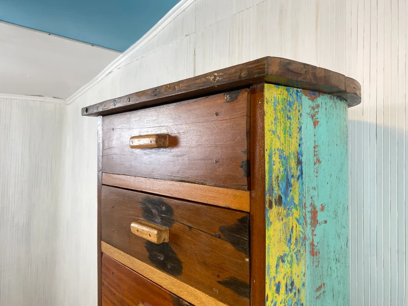 Boatwood by WMK # Besonderes Highboard aus altem Einbaum Boot mit 8 Schubladen , ein handgefertigtes Unikat aus massivem Teakholz