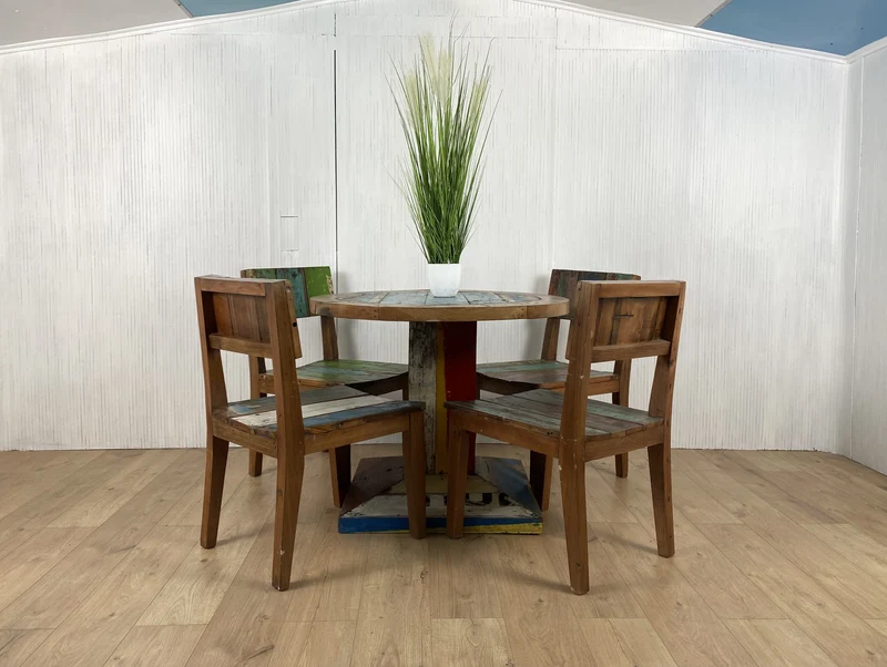 Boatwood by WMK # Formschöner und sehr robuster runder Esstisch aus altem Bootsholz, ein handgefertigtes Unikat aus massivem Teakholz