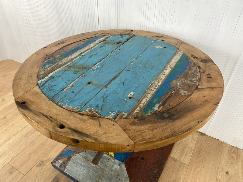 Boatwood by WMK # Formschöner und sehr robuster runder Esstisch aus altem Bootsholz, ein handgefertigtes Unikat aus massivem Teakholz