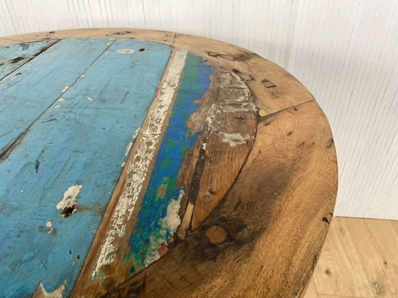 Boatwood by WMK # Formschöner und sehr robuster runder Esstisch aus altem Bootsholz, ein handgefertigtes Unikat aus massivem Teakholz
