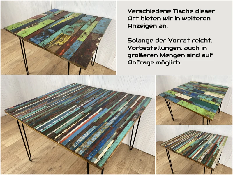 Boatwood by WMK # Einzigartiger Esstisch mit Tischplatte aus altem Bootsholz und neuen Hairpin Füßen, ein Unikat aus massivem Teakholz und Metall