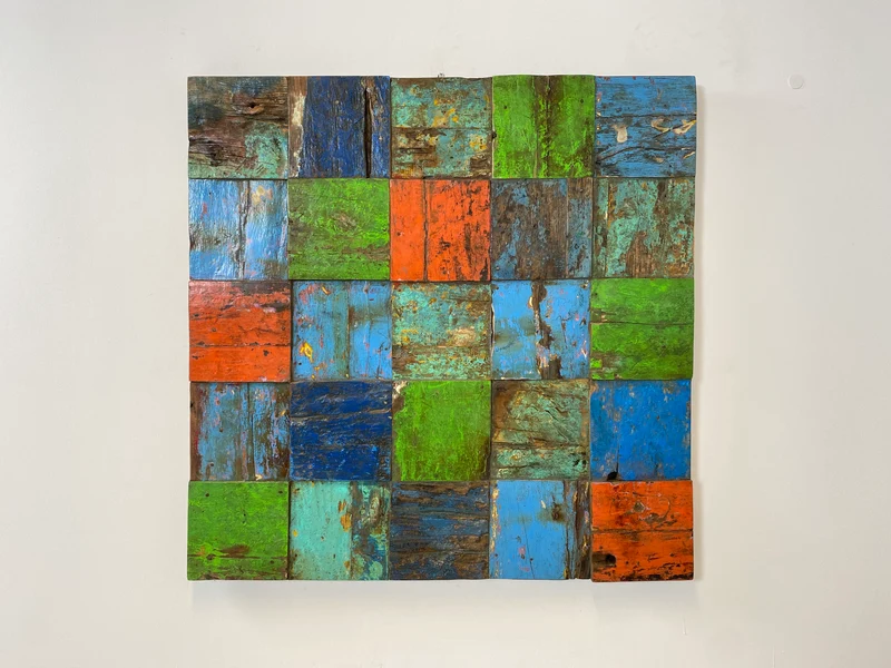 Boatwood by WMK # Großes Patchwork Wandbild 100x100cm, ein handgefertigtes Unikat aus recyceltem Bootsholz