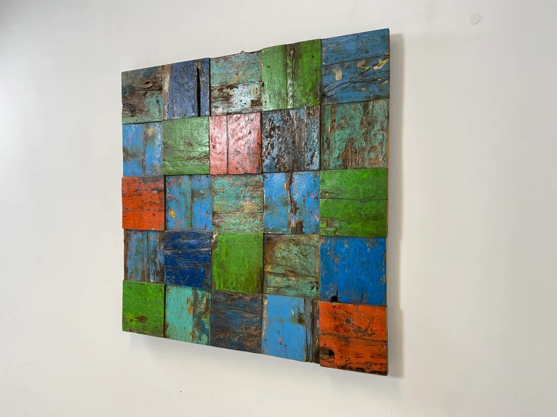 Boatwood by WMK # Großes Patchwork Wandbild 100x100cm, ein handgefertigtes Unikat aus recyceltem Bootsholz