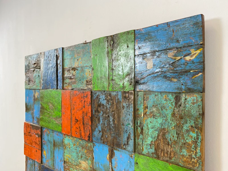 Boatwood by WMK # Großes Patchwork Wandbild 100x100cm, ein handgefertigtes Unikat aus recyceltem Bootsholz