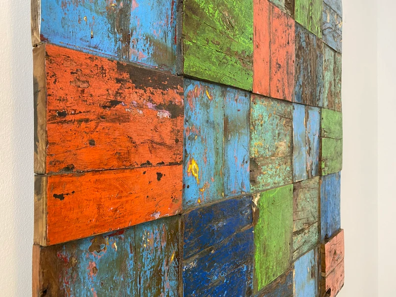 Boatwood by WMK # Großes Patchwork Wandbild 100x100cm, ein handgefertigtes Unikat aus recyceltem Bootsholz