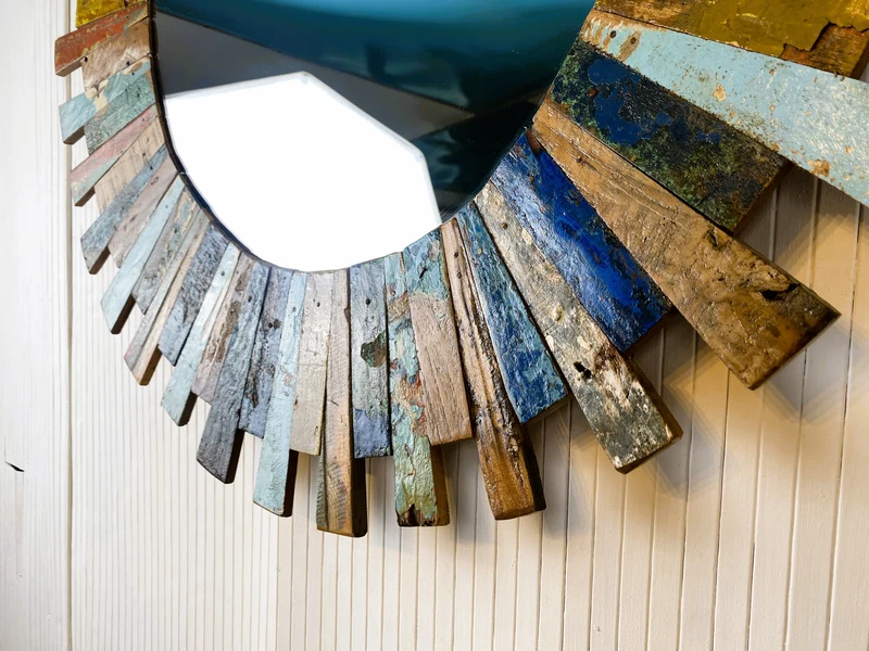 Boatwood by WMK # Wunderschöner Wandspiegel , Patchwork aus altem Bootsholz, ein handgefertigtes Unikat aus massivem Teakholz