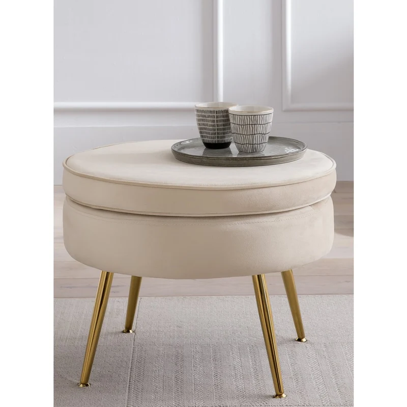 Runder Sitzpouf in Samtoptik – Beige/Gold, Ø 52 cm