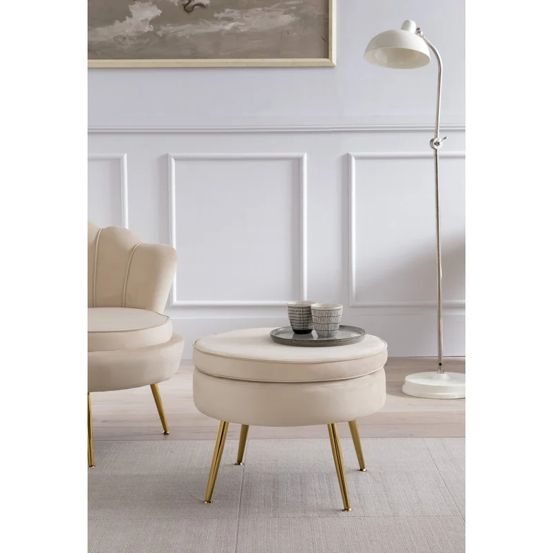 Runder Sitzpouf in Samtoptik – Beige/Gold, Ø 52 cm