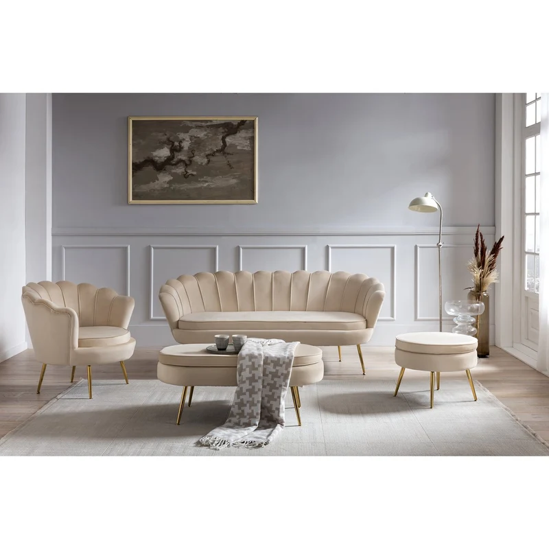 Runder Sitzpouf in Samtoptik – Beige/Gold, Ø 52 cm