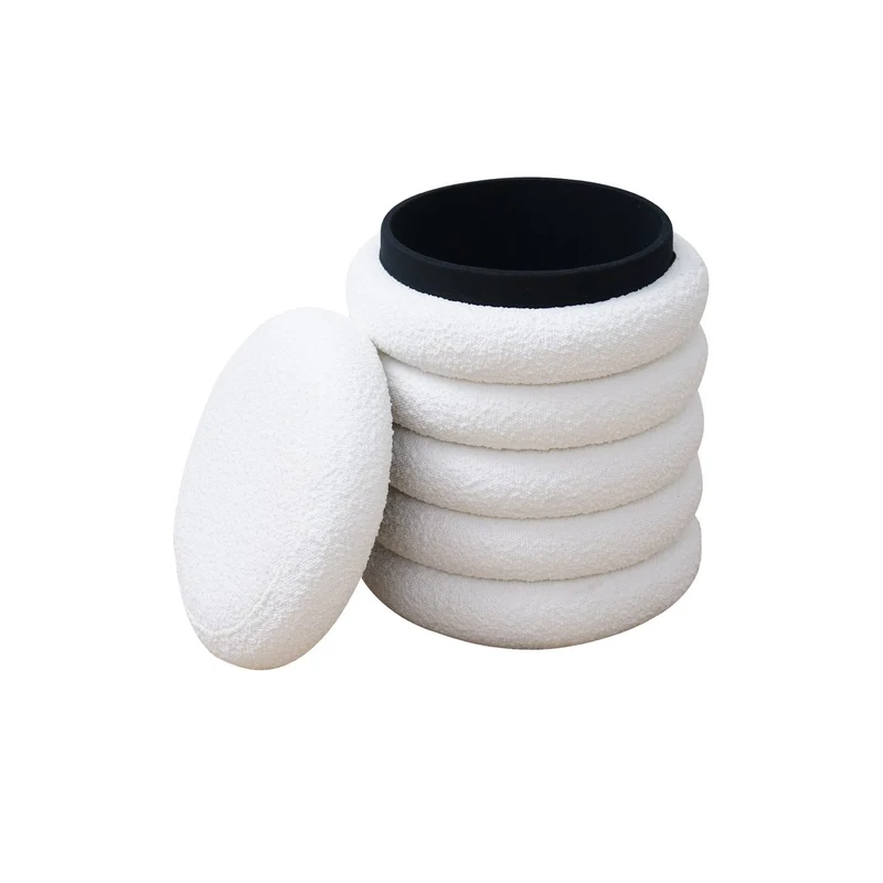 Bouclé-Sitzhocker mit Stauraum – Weiß, Ø 38 cm