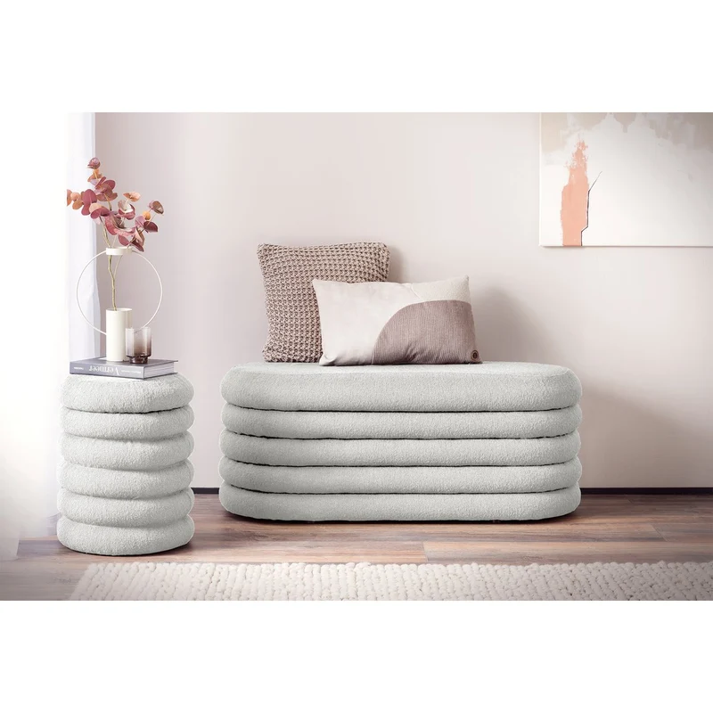 Bouclé-Sitzhocker mit Stauraum – Weiß, Ø 38 cm