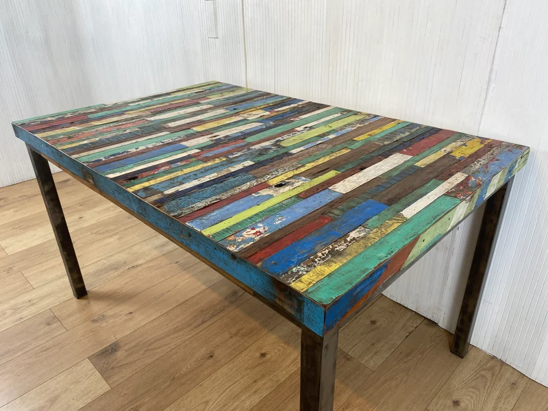 Boatwood by WMK # Wunderschöner Esstisch (140x90cm), ein aus altem Bootsholz handgefertigtes Unikat, Patchwork Teakholz auf Metallgestell