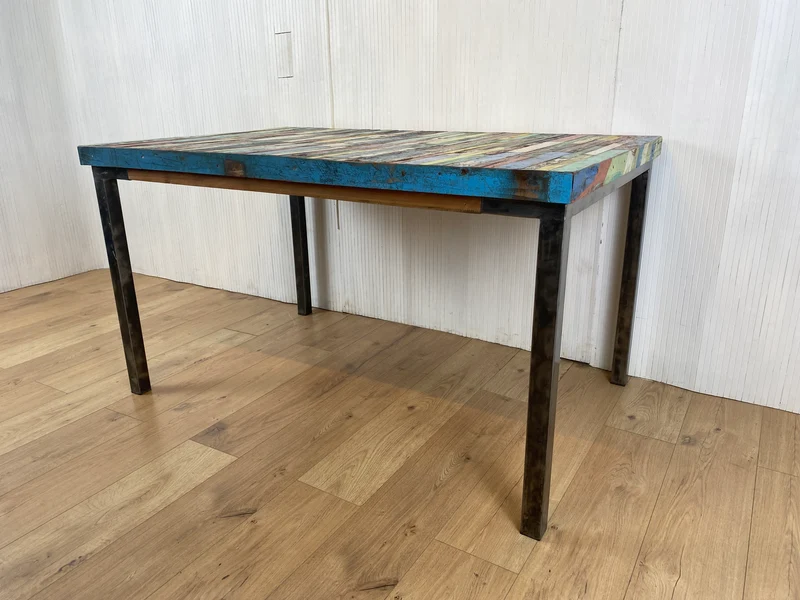 Boatwood by WMK # Wunderschöner Esstisch (140x90cm), ein aus altem Bootsholz handgefertigtes Unikat, Patchwork Teakholz auf Metallgestell