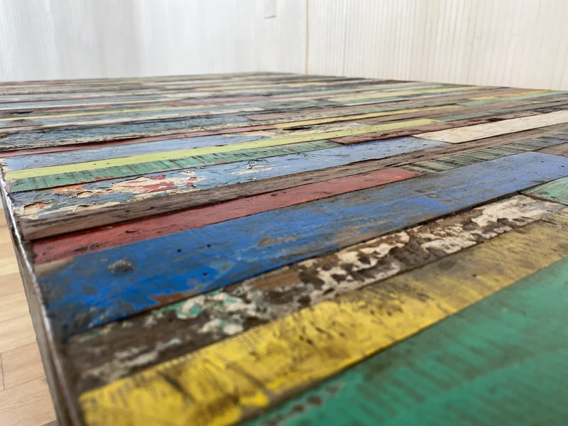 Boatwood by WMK # Wunderschöner Esstisch (140x90cm), ein aus altem Bootsholz handgefertigtes Unikat, Patchwork Teakholz auf Metallgestell