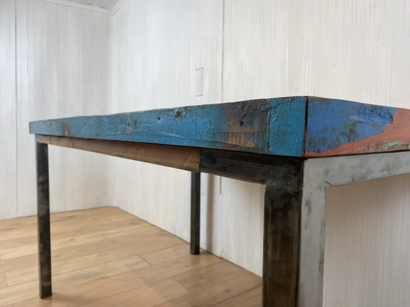 Boatwood by WMK # Wunderschöner Esstisch (140x90cm), ein aus altem Bootsholz handgefertigtes Unikat, Patchwork Teakholz auf Metallgestell