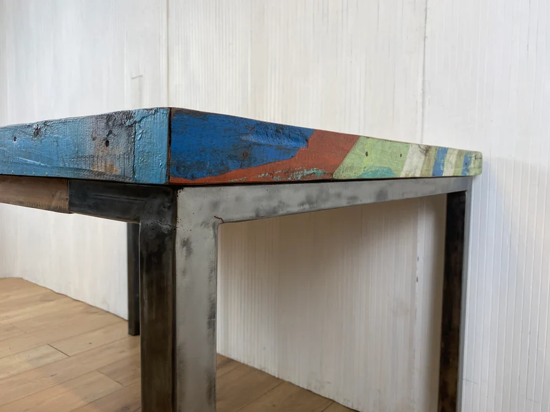 Boatwood by WMK # Wunderschöner Esstisch (140x90cm), ein aus altem Bootsholz handgefertigtes Unikat, Patchwork Teakholz auf Metallgestell