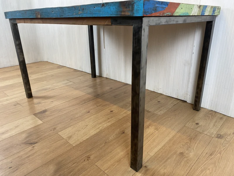 Boatwood by WMK # Wunderschöner Esstisch (140x90cm), ein aus altem Bootsholz handgefertigtes Unikat, Patchwork Teakholz auf Metallgestell
