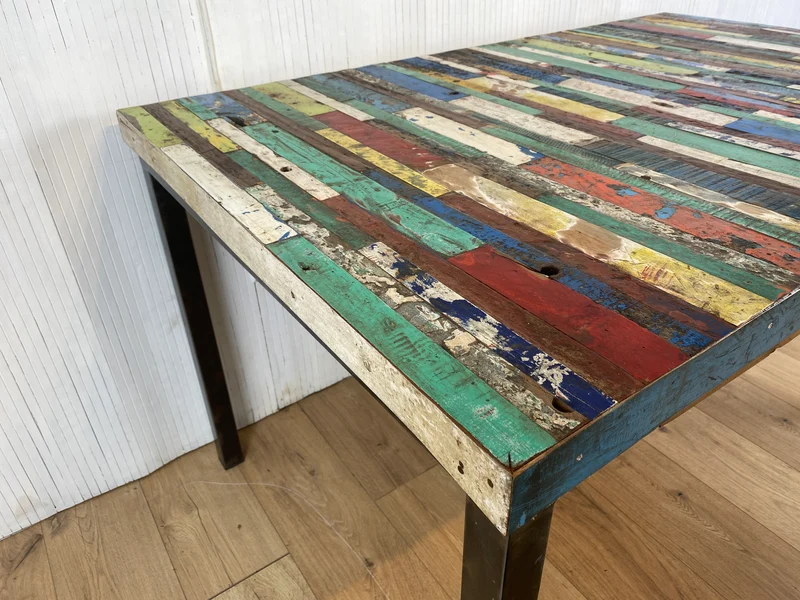 Boatwood by WMK # Wunderschöner Esstisch (140x90cm), ein aus altem Bootsholz handgefertigtes Unikat, Patchwork Teakholz auf Metallgestell