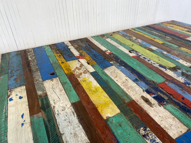 Boatwood by WMK # Wunderschöner Esstisch (140x90cm), ein aus altem Bootsholz handgefertigtes Unikat, Patchwork Teakholz auf Metallgestell