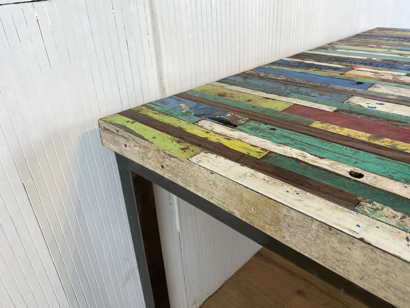 Boatwood by WMK # Wunderschöner Esstisch (140x90cm), ein aus altem Bootsholz handgefertigtes Unikat, Patchwork Teakholz auf Metallgestell