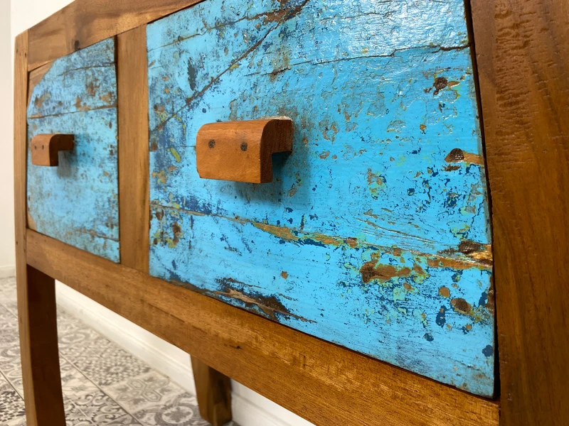 Boatwood by WMK # Formschöne Kommode mit zwei Schubladen , ein aus altem Bootsholz handgefertigtes Unikat aus massivem Teakholz