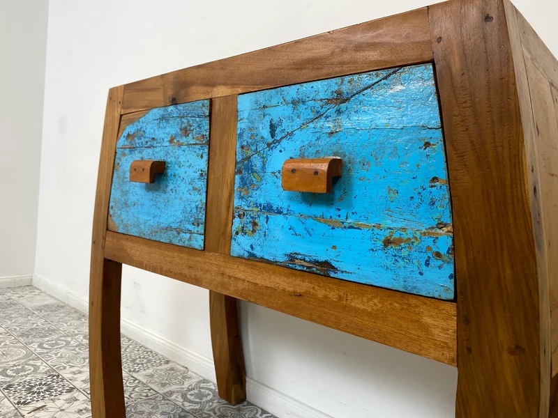 Boatwood by WMK # Formschöne Kommode mit zwei Schubladen , ein aus altem Bootsholz handgefertigtes Unikat aus massivem Teakholz