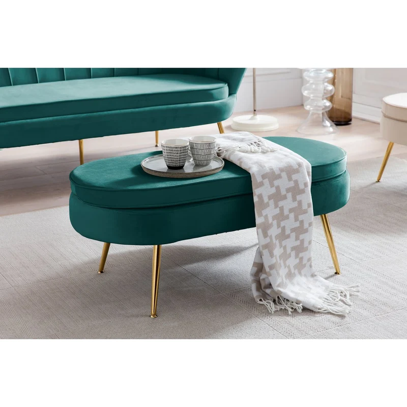 Ovaler Sitzpouf in Samtoptik – Grün/Gold, 99 cm