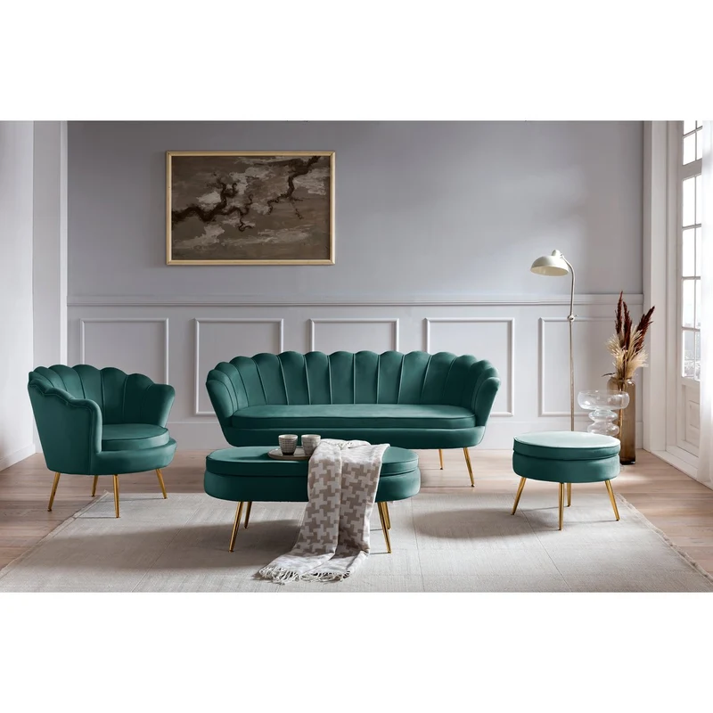 Ovaler Sitzpouf in Samtoptik – Grün/Gold, 99 cm