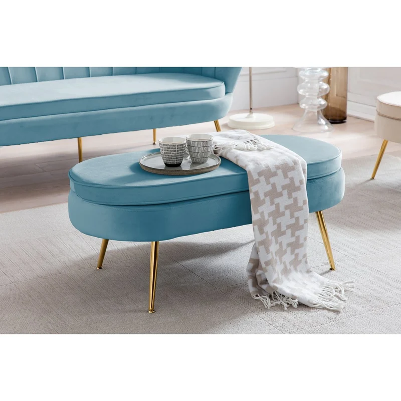 Ovaler Sitzpouf in Samtoptik – Blau/Gold, 99 cm