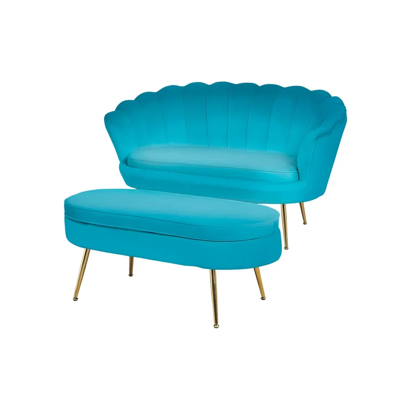 Ovaler Sitzpouf in Samtoptik – Blau/Gold, 99 cm