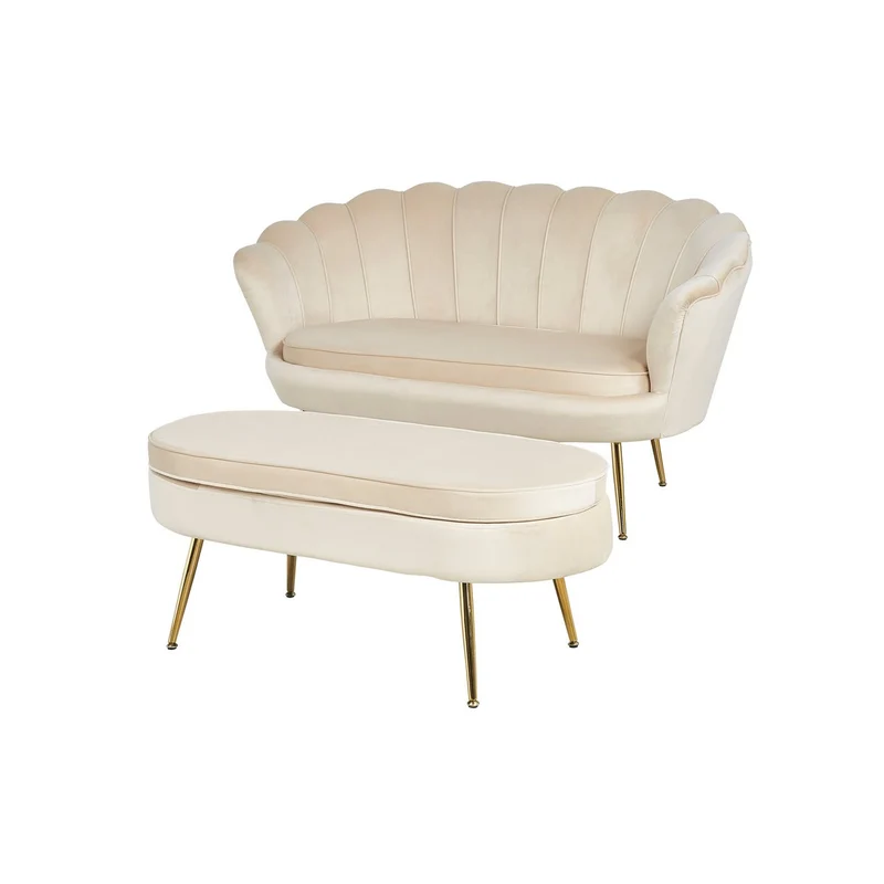 Ovaler Sitzpouf in Samtoptik – Beige/Gold, 99 cm
