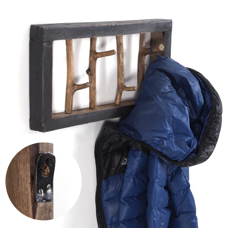 GARDEROBENLEISTE LIMB | 45x23cm(BxH) Treibholz Wandgarderobe mit Ästen | Farbe: 04 schwarz-natur