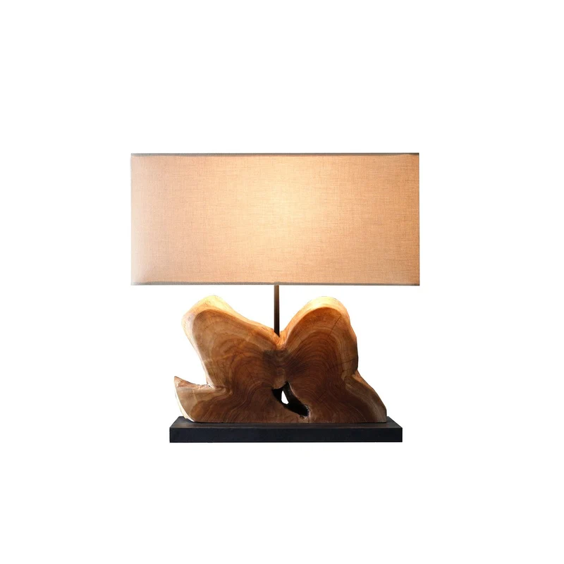 Tischleuchte mit Holzfuß und Leinenschirm – Natur/Weiß, 50 cm