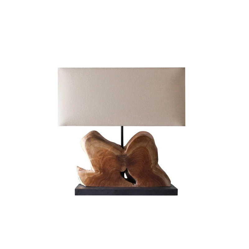 Tischleuchte mit Holzfuß und Leinenschirm – Natur/Weiß, 50 cm