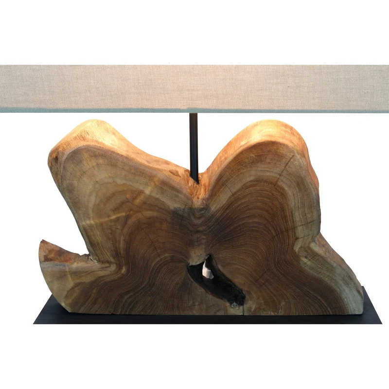 Tischleuchte mit Holzfuß und Leinenschirm – Natur/Weiß, 50 cm