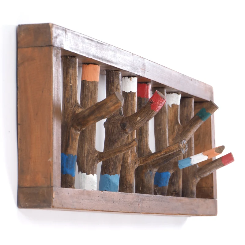 WANDGARDEROBE TREIBHOLZ UNIKAT | 80x22cm (BxH), Garderobe, Hakenleiste mit Ästen | Farbe: 11 vintage - bunt