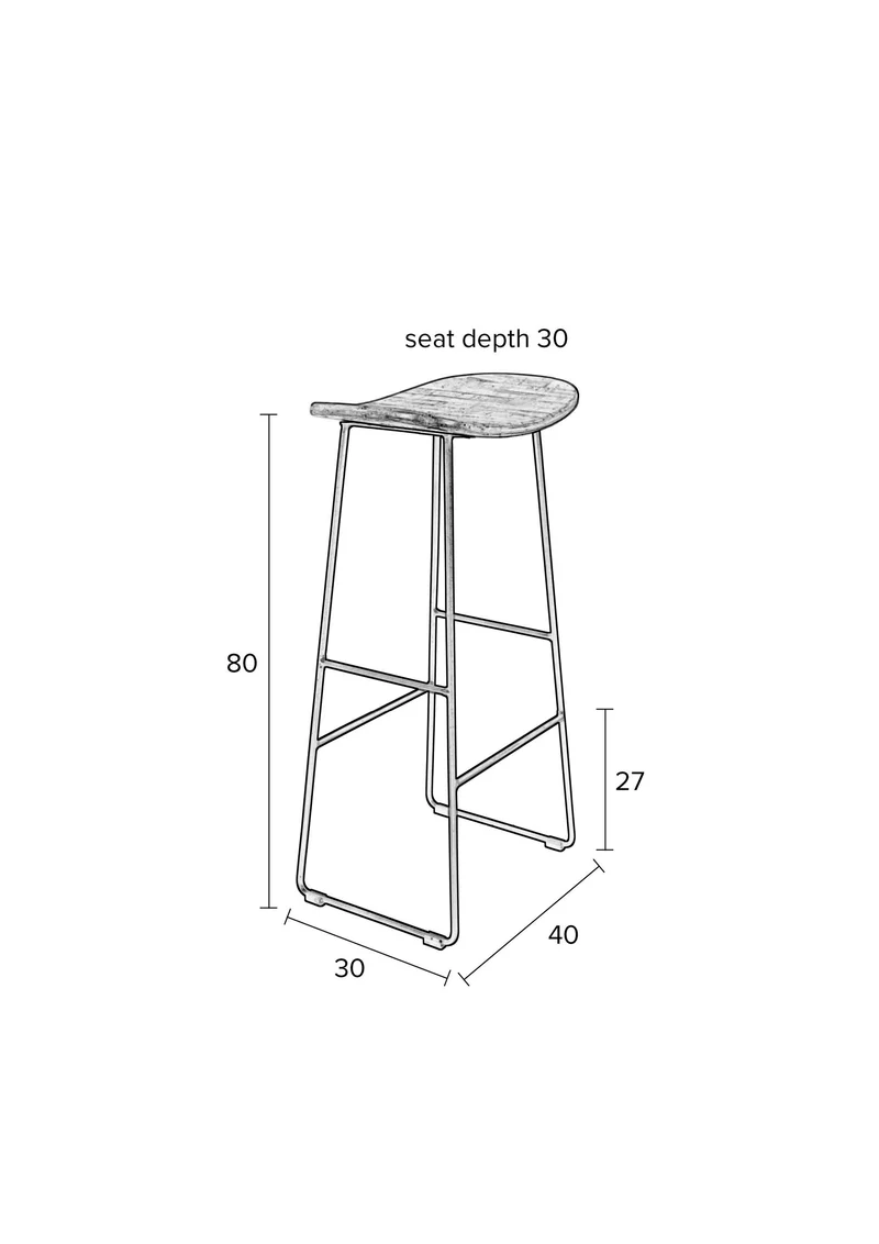 White Label Living Barhocker Barstool Tangle – Schwarz, Teakholz, 30 × 40 × 80 cm