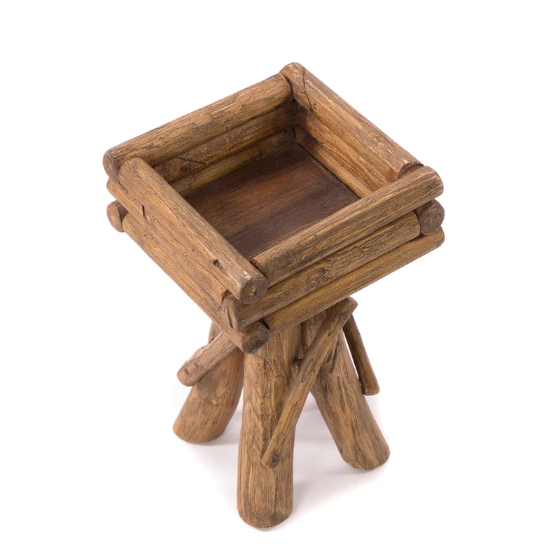 BLUMENHOCKER "TWIST" | Teak | rustikaler Holzhocker | Größe: medium