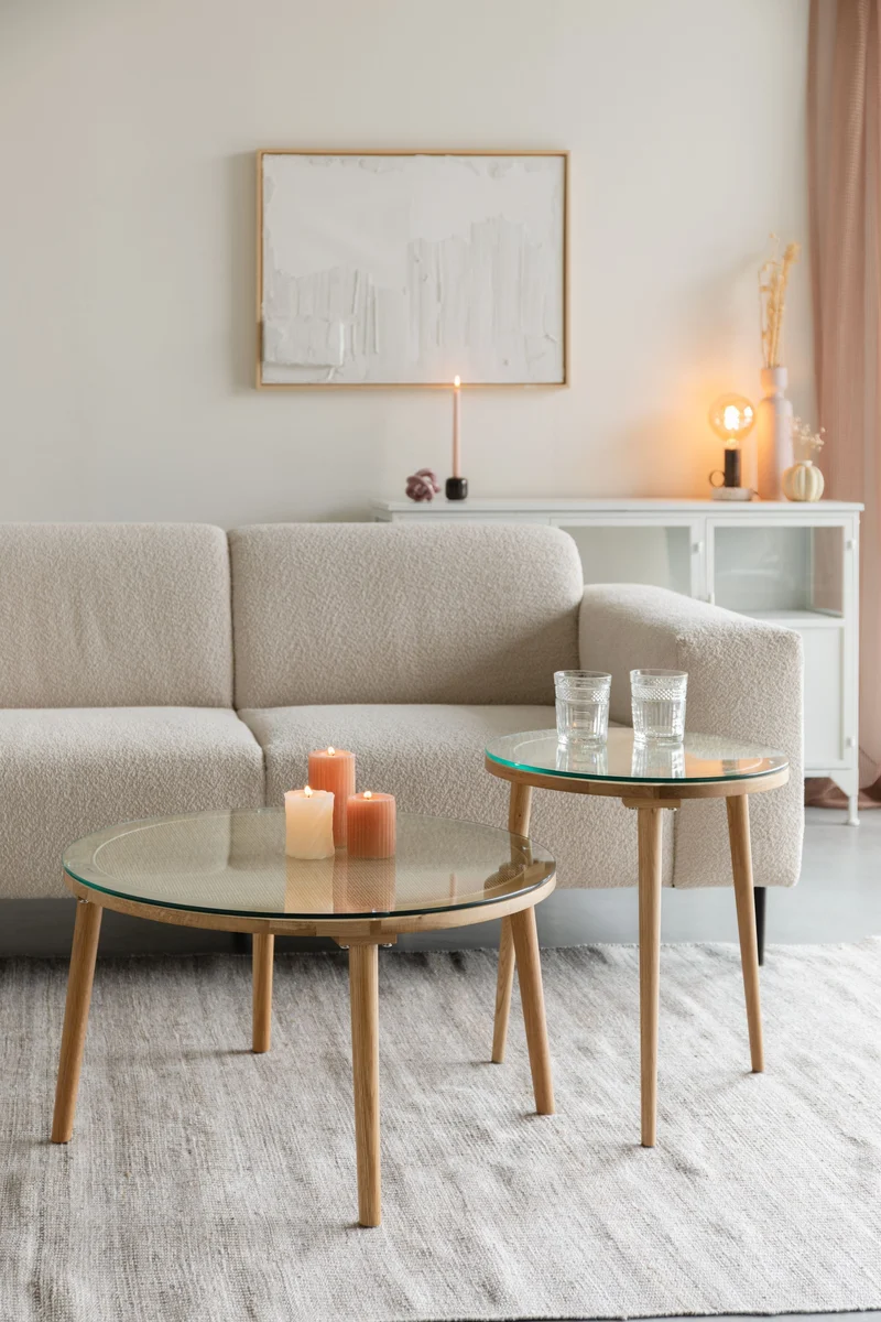 White Label Living Couchtisch Haru Rund – Beige, Glas, 70 × 70 × 38 cm