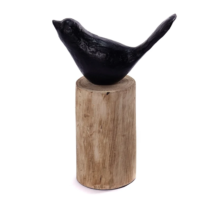 VOGEL SKULPTUR "BIRDY" | Mangoholz, 22cm | Vogelfigur auf Baumstamm