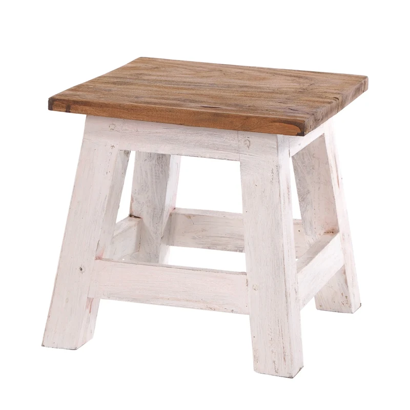 Fusshocker PALO | 27x26cm (HxB), rustikaler Holzhocker Mahagoni Hocker | Farbe: 05 weiß-natur