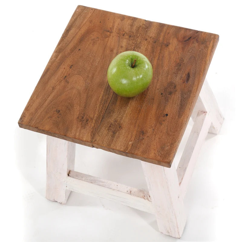 Fusshocker PALO | 27x26cm (HxB), rustikaler Holzhocker Mahagoni Hocker | Farbe: 05 weiß-natur