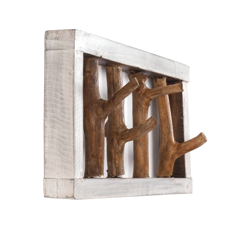 GARDEROBENLEISTE LIMB | 45x23cm(BxH) Treibholz Wandgarderobe mit Ästen | Farbe: 05 weiß-natur