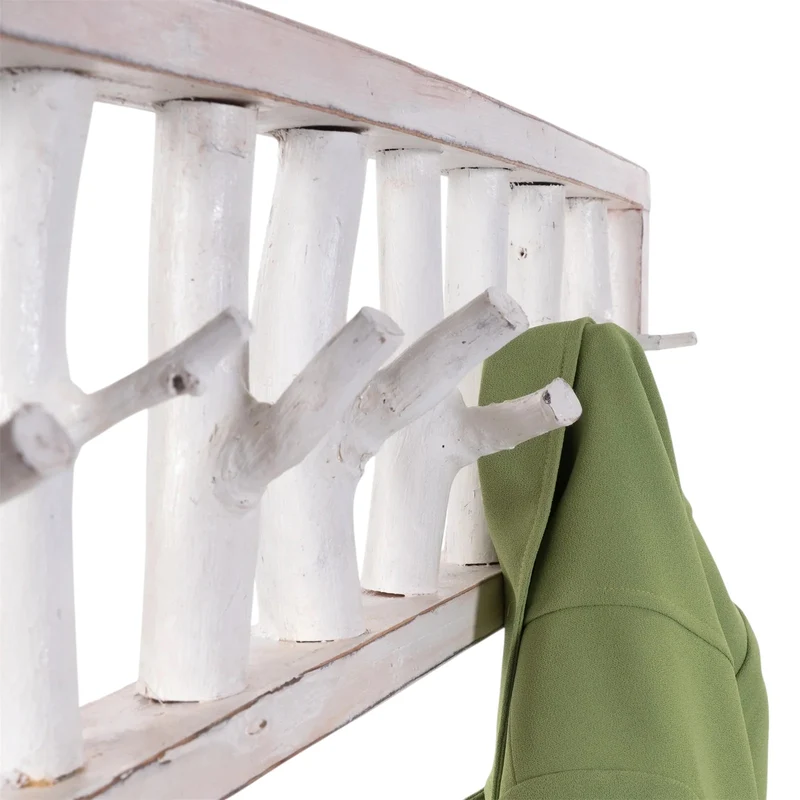 WANDGARDEROBE TREIBHOLZ UNIKAT | 80x22cm (BxH), Garderobe, Hakenleiste mit Ästen | Farbe: 06 weiß-landhaus