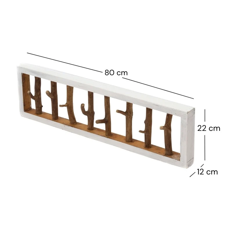 WANDGARDEROBE TREIBHOLZ UNIKAT | 80x22cm (BxH), Garderobe, Hakenleiste mit Ästen | Farbe: 05 weiß-natur