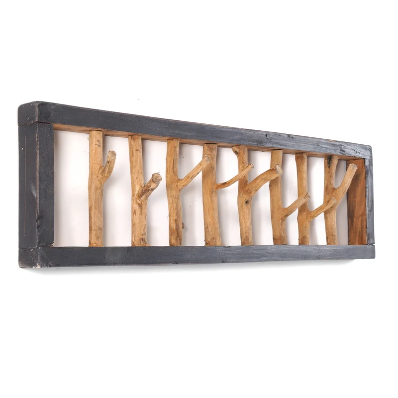 WANDGARDEROBE TREIBHOLZ UNIKAT | 80x22cm (BxH), Garderobe, Hakenleiste mit Ästen | Farbe: 04 schwarz-natur