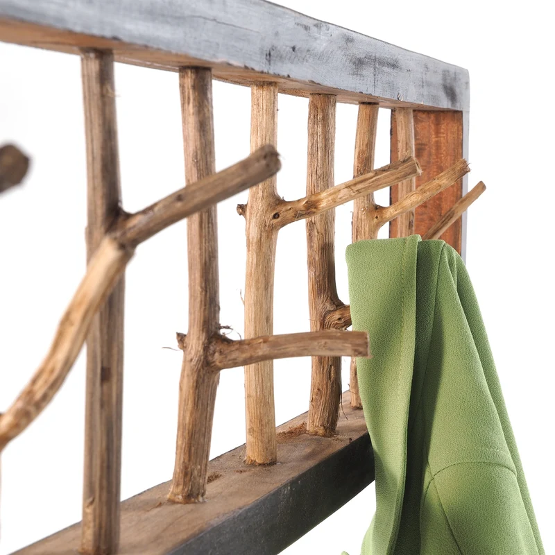 WANDGARDEROBE TREIBHOLZ UNIKAT | 80x22cm (BxH), Garderobe, Hakenleiste mit Ästen | Farbe: 04 schwarz-natur