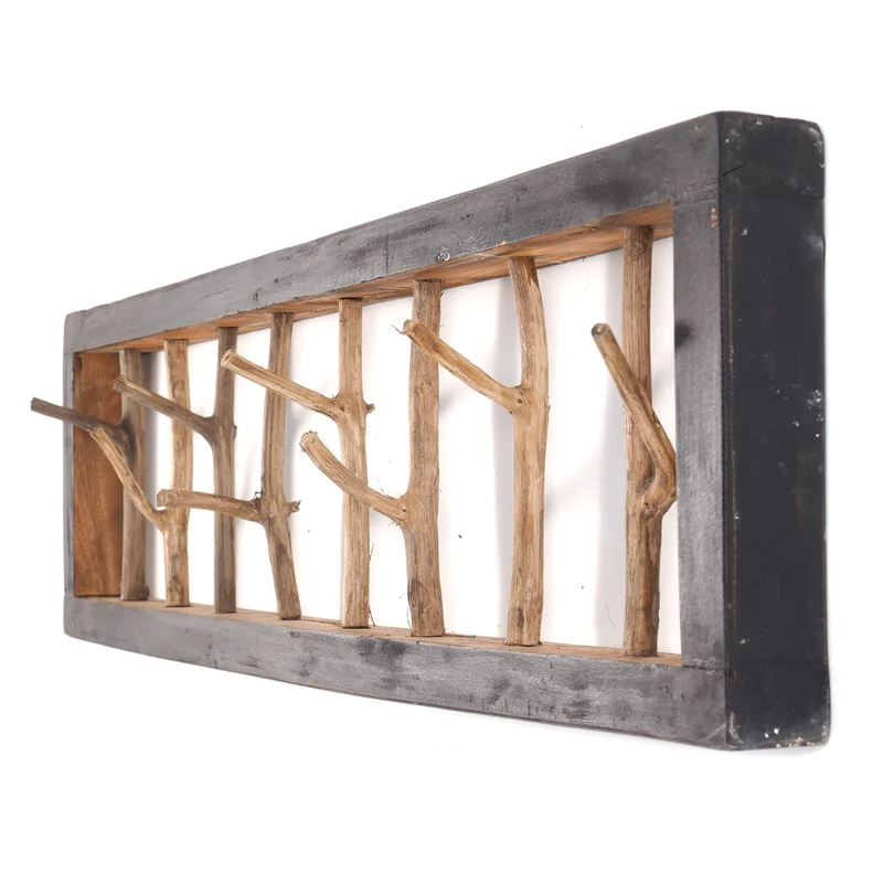 WANDGARDEROBE TREIBHOLZ UNIKAT | 80x22cm (BxH), Garderobe, Hakenleiste mit Ästen | Farbe: 04 schwarz-natur