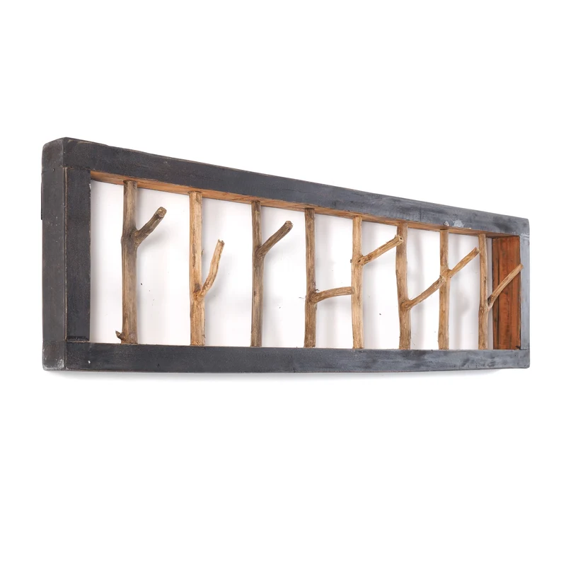 WANDGARDEROBE TREIBHOLZ UNIKAT | 80x22cm (BxH), Garderobe, Hakenleiste mit Ästen | Farbe: 04 schwarz-natur