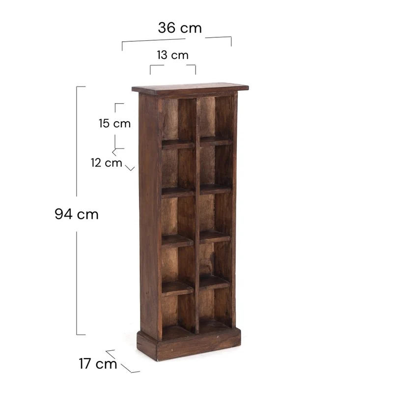 RUSTIKALES CD & BÜCHERREGAL NATURE | 94x36cm(HxB) Holzregal 10 Fächer | Farbe: 03 dunkelbraun
